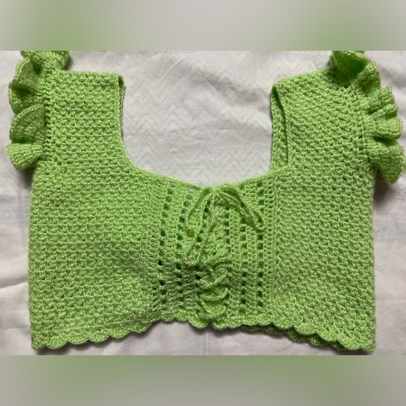 Crocheted Woolen Crop Top (Choli Type) For Woman - Size 38, Apple Green - Picture 10 of 10